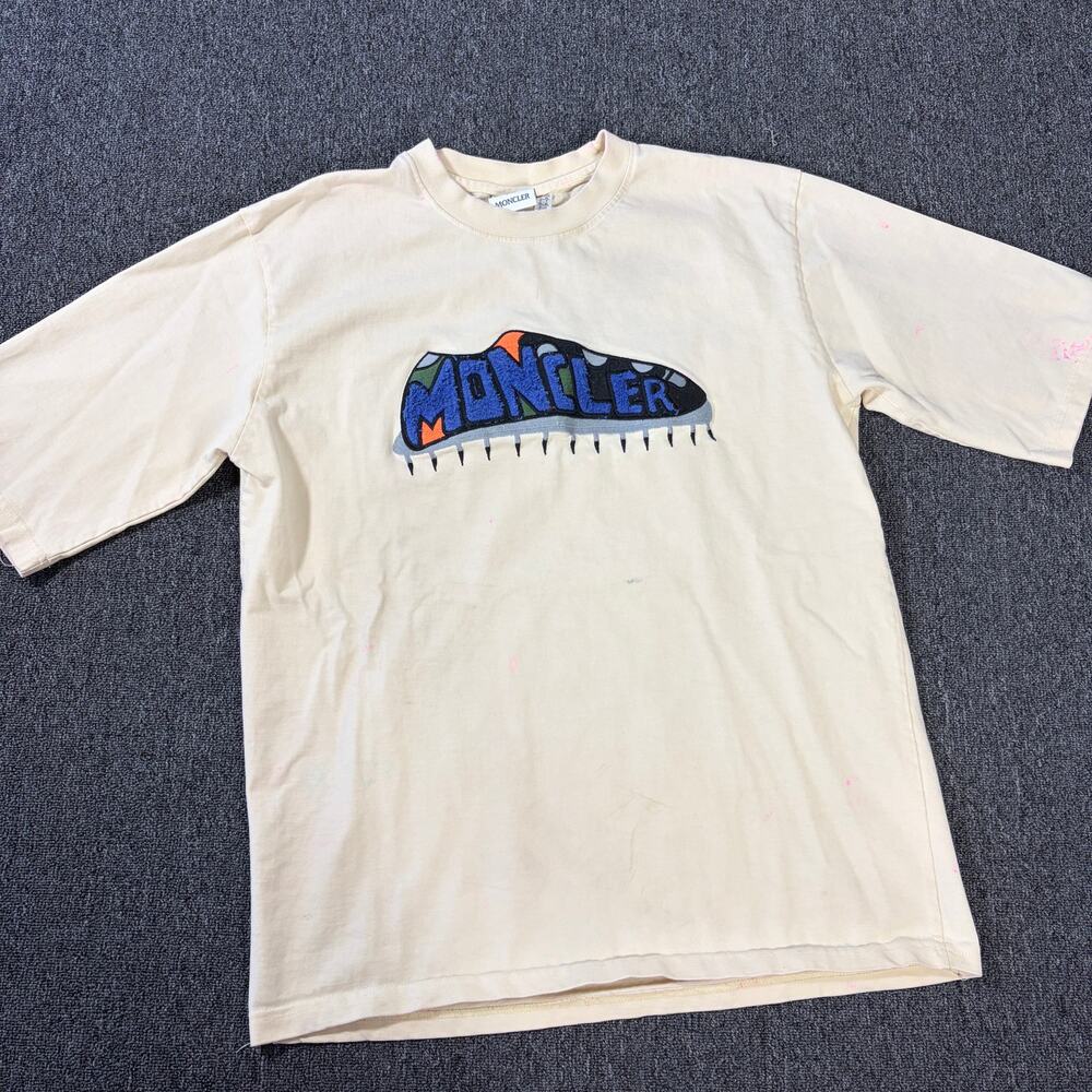 Vintage Y2k Moncler Shoe Neon Patchwork Graphic Ivory White Tee Men's XL